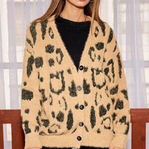 Lulus Bold New Look Tan Leopard Print Eyelash Knit Cardigan Sweater Brown